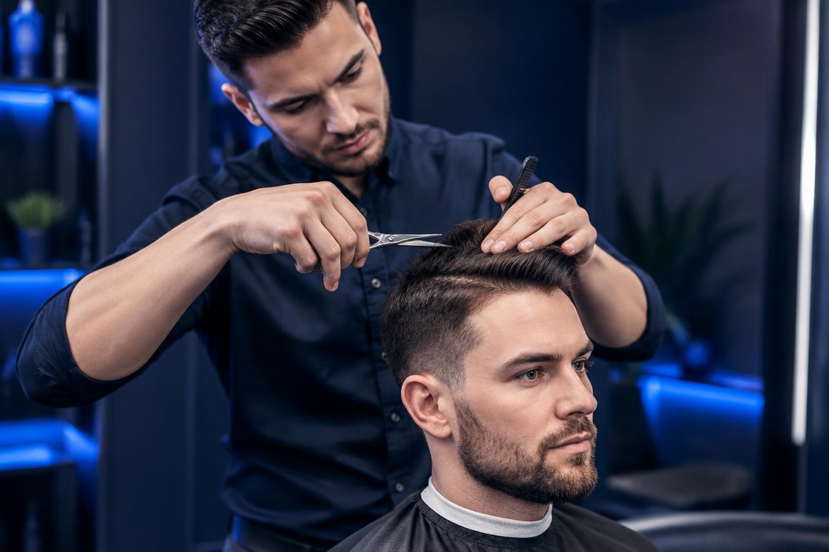 Generated demonstration image of a precision haircut; not client work
